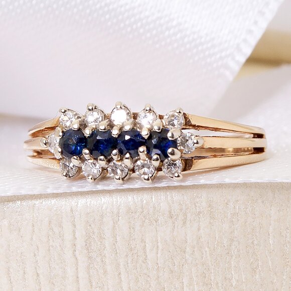 Vintage 14kt Yellow Gold Blue Sapphire Diamond Ring, Elegant Dinner Ring Sz 8 - Picture 2 of 9